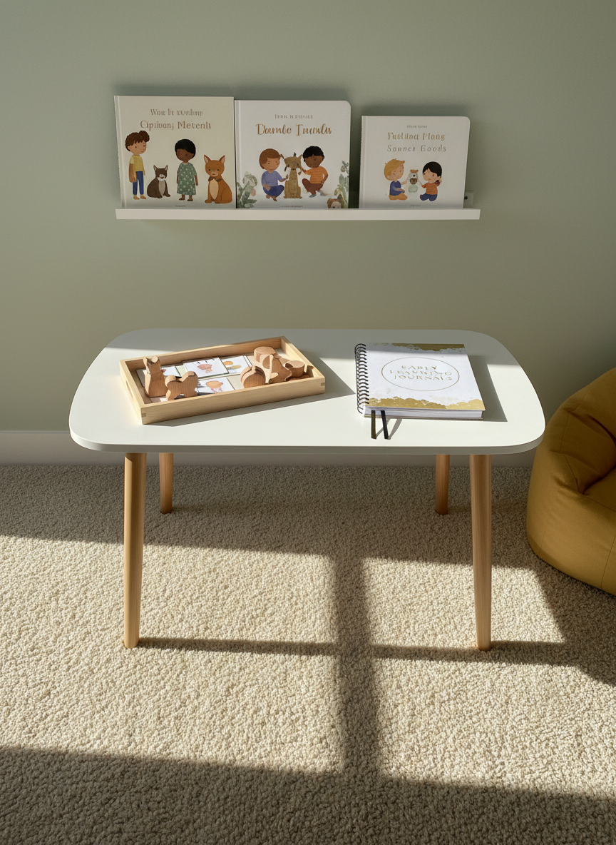 A cozy home-learning nook designed for early childhood, featuring a small, white child-sized table with rounded edges and a smooth matte finish, set against a soft, pastel green wall. On the table, a simple wooden tray holds matching cards and objects for a sorting activity, alongside a closed spiral-bound planning notebook with neutral, professional design. A plush, oatmeal-colored rug extends beneath the table, and a low book ledge on the wall displays a few front-facing picture books with gentle, inclusive illustrations. Warm late-afternoon sunlight pours in from the left, creating a golden, welcoming glow and subtle shadows. Photographic realism with a slightly wide, eye-level composition emphasizes an inviting, realistic home environment for families supporting early learning.