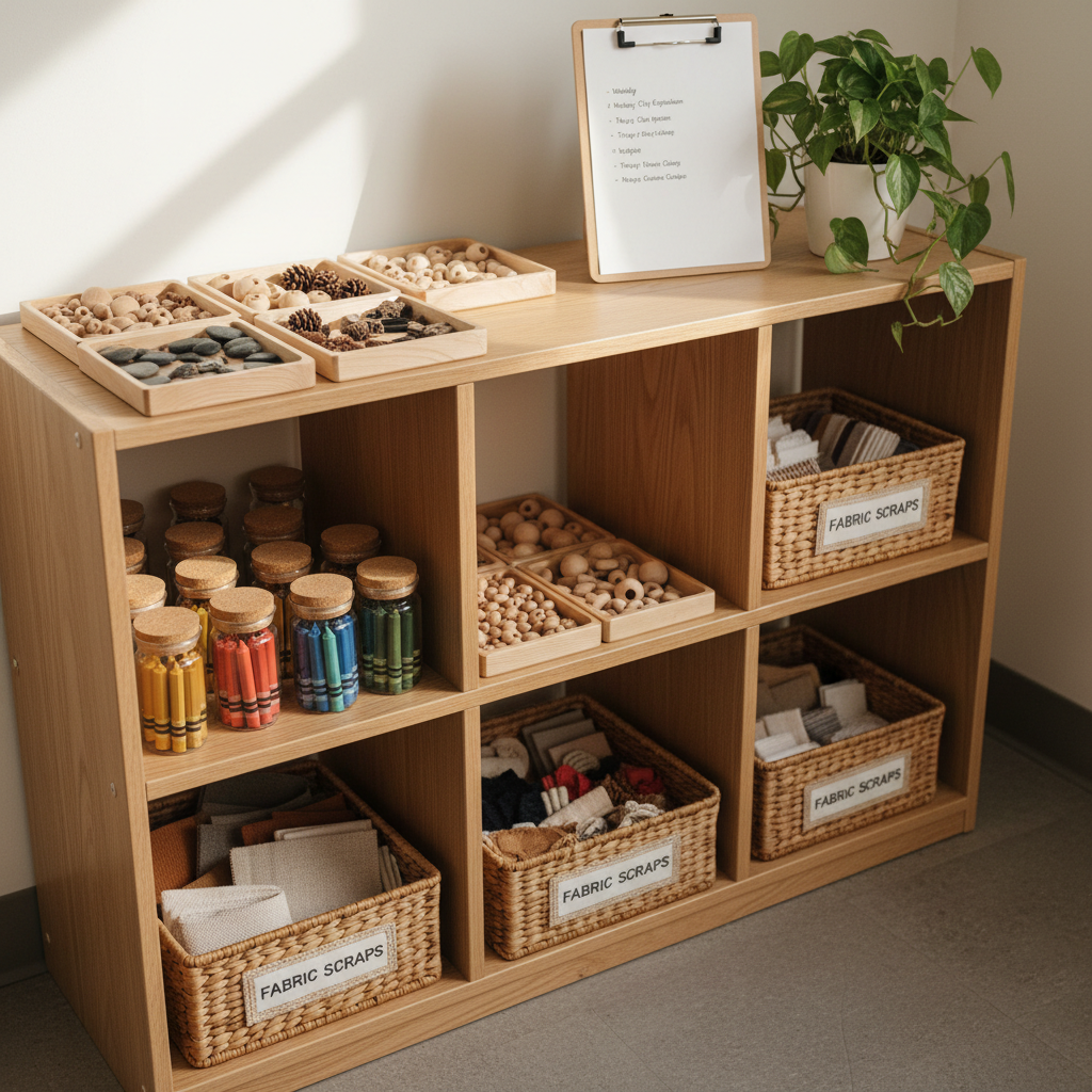 An organized early childhood art and activity shelf made of smooth, light oak, each cubby holding neatly arranged materials: clear jars of beeswax crayons, wooden trays with small natural loose parts, and labeled baskets of textured fabric scraps. On top, a simple, unbranded clipboard displays a weekly activity plan beside a small, leafy classroom plant in a white ceramic pot. Soft overhead daylight from unseen windows bathes the scene in diffused, neutral light, highlighting the grain of the wood and subtle color variations of the materials. Photographic realism with a slightly elevated angle and balanced composition emphasizes clarity, order, and approachable professionalism, perfect for illustrating practical classroom organization tips.