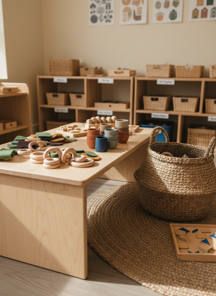 A spacious early childhood play area featuring a sturdy, low wooden table set with open-ended materials: smooth wooden rings, felt shapes, and stackable cups in earthy tones. Nearby, a large woven storage basket rests on a textured jute rug, with a wooden puzzle tray partially tucked beside it. The background shows neatly labeled shelving and softly blurred educational posters on a pale, warm-toned wall. Natural afternoon light filters through an unseen window, creating gentle highlights on the wooden surfaces and a serene, focused atmosphere. Captured at child’s-eye height in photographic realism, with a moderate depth of field that keeps the central materials crisp while softening the surroundings, conveying a calm, intentional learning environment for teachers and families.