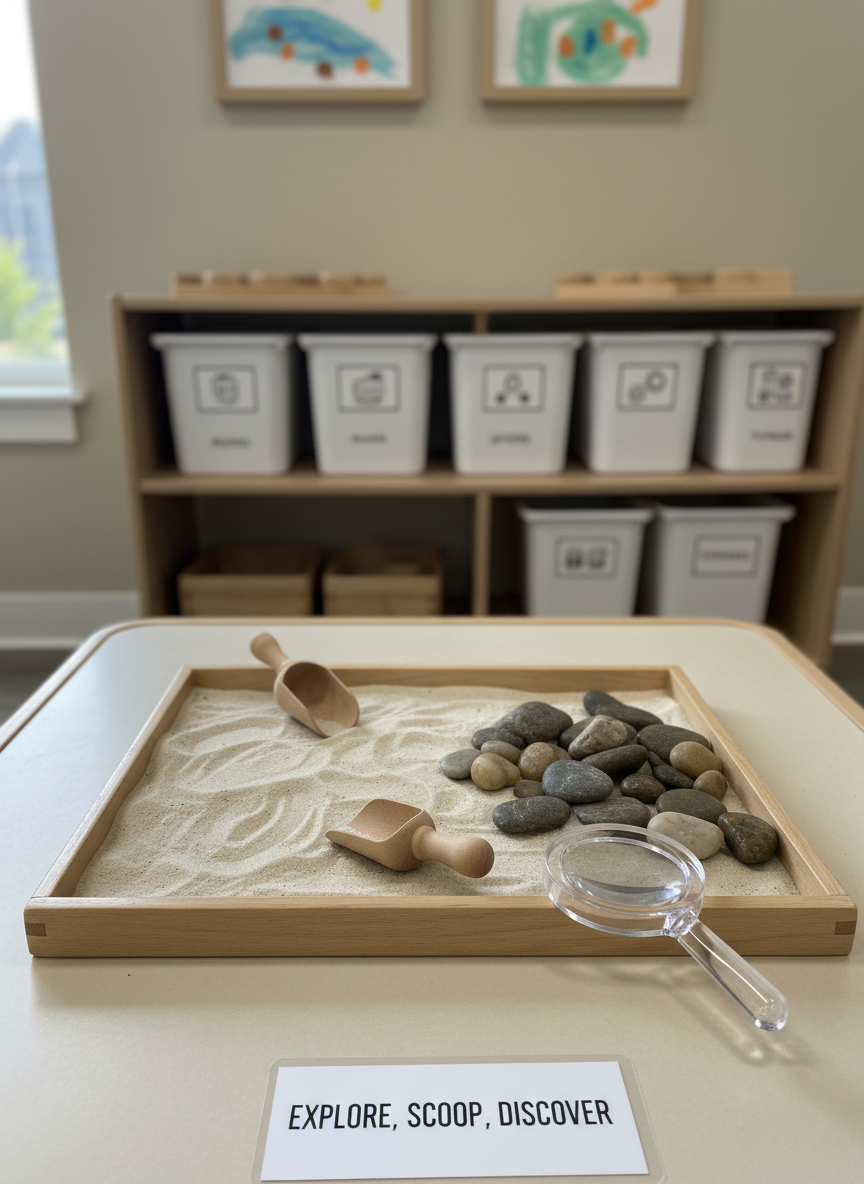 A sensory exploration table filled with clean, play-safe materials: a shallow wooden tray of fine, pale kinetic sand, smooth river stones, small wooden scoops, and a clear acrylic magnifying viewer resting nearby. The table surface is a light, matte laminate, free of clutter, with a single laminated, text-only instruction card placed neatly at the edge. Behind it, softly out of focus, are shelves with labeled containers for sensory tools and a neutral-toned wall displaying minimalistic, child-created artwork. Cool, diffused daylight from a nearby window illuminates the textures of sand and stone without harsh shadows. Photographic realism, captured from a slightly overhead angle, conveys a calm, purposeful, and professional atmosphere ideal for step-by-step resource articles on sensory play.