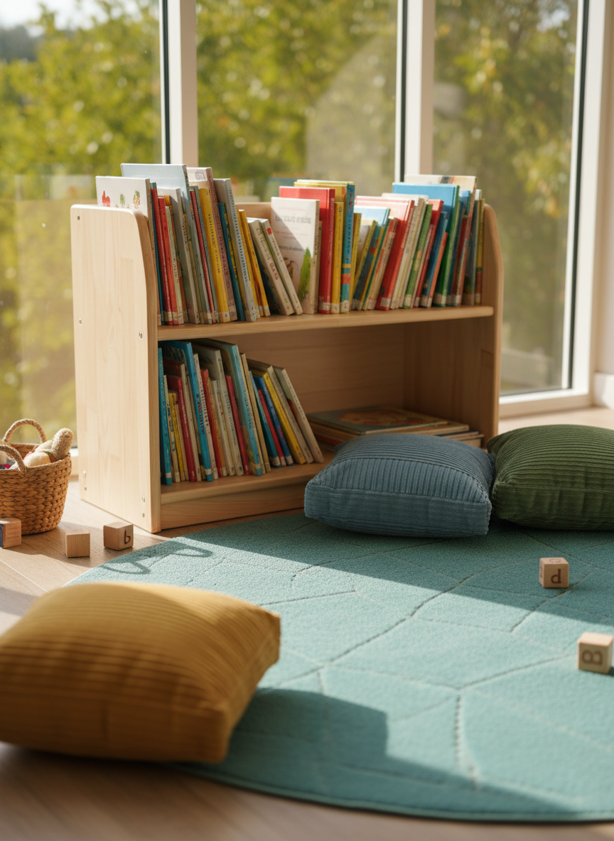 A sunlit early childhood reading corner arranged with a low, natural birch bookshelf filled with colorful picture books, their spines neatly aligned and slightly worn from loving use. A round, soft, teal rug with subtle stitched patterns anchors the space, surrounded by plump corduroy floor cushions in muted primary colors. Large floor-to-ceiling windows reveal blurred greenery outside, allowing gentle morning light to stream in and cast soft, elongated shadows across the rug. Wooden blocks and a small woven basket sit nearby, hinting at play. Photographic realism at eye level with a shallow depth of field, focusing sharply on the books and textures, creates a calm, professional, and inviting mood suitable for an educational blog hero image.